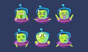 Alien Character in Ufo Set, Funny Monster with Different Emotions Illustration vector