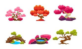 Fantasy Trees Set, Fairytale Nature Landscape Colorful Elements, Game User Interface Assets Illustration vector