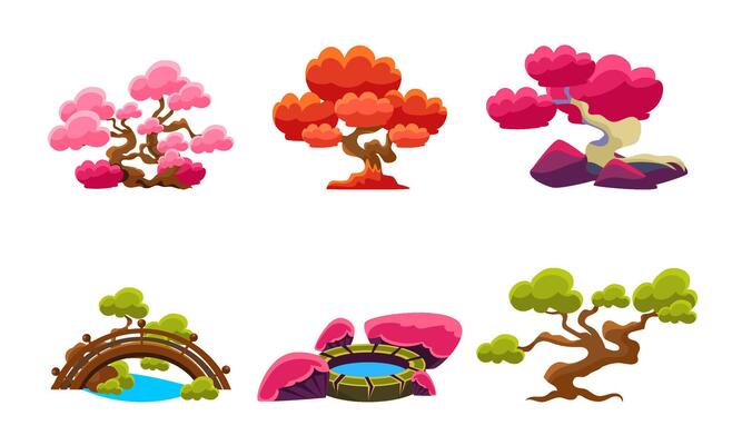 Fantasy Trees Set, Fairytale Nature Landscape Colorful Elements, Game User Interface Assets Illustration
