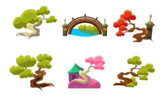 Trees and Bridge Set, Fantasy or Fairytale Nature Landscape Elements, Game User Interface Assets Illustration vector