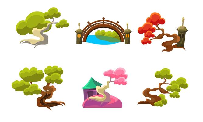Trees and Bridge Set, Fantasy or Fairytale Nature Landscape Elements, Game User Interface Assets Illustration