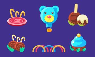 Cute Candy Land Gaming Assets Set, Fairytale Landscape Fantasy Elements for Computer or Mobile Game Interface Illustration vector