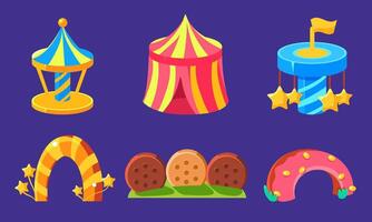 Amusement Park Icons Set, Fairytale Landscape Fantasy Elements for Computer or Mobile Game Interface Illustration vector