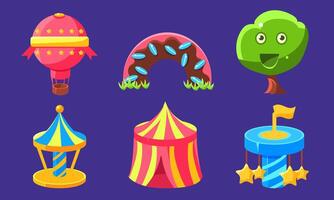 Fantasy Amusement Park Icons Set, Fairytale Landscape Elements for Computer or Mobile Game Interface Illustration vector