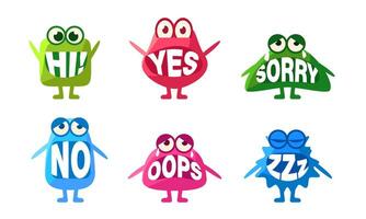Cute Monsters Characters Set, Colorful Emojis with Words In Their Mouths, Hi, Yes, Sorry, No, Oops, Zzz Illustration vector