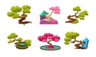 Fantasy Trees, Cute Houses and Well Set, Fairytale Nature Landscape Elements, Game User Interface Assets Illustration vector