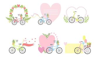 Bicycles and Floral Elements Elegant Romantic Card Templates Set with Place for Your Text Illustration vector