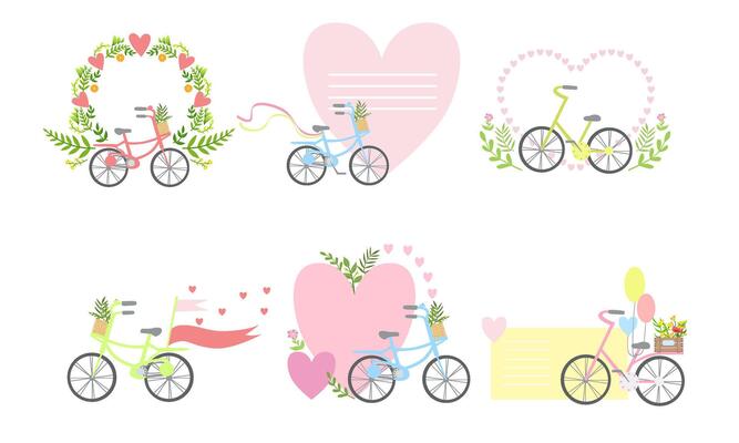 Bicycles and Floral Elements Elegant Romantic Card Templates Set with Place for Your Text Illustration