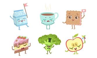 Cute Funny Food Characters Set, Milk Packaging, Cup of Tea, Cookie, Cake, Broccoli, Apple Illustration vector