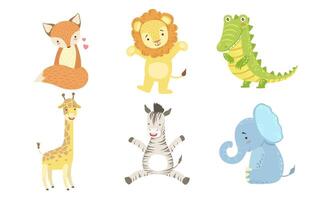 Cute Smiling Animals Set, Happy Fox, Lion, Crocodile, Giraffe, Zebra, Elephant Illustration vector
