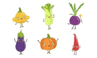 Cute Happy Vegetable Characters Set, Squash, Chinese Cabbage, Beet, Eggplant, Onion, Hot Pepper Illustration vector