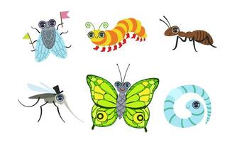 Collection of Cute Funny Cartoon Insects Set, Fly, Ant, Mosquito, Butterfly, Caterpillar, Worm Illustration vector