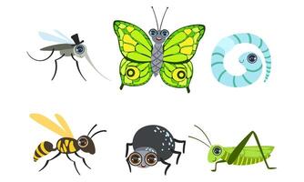 Collection of Cute Funny Cartoon Insects Set, Mosquito, Butterfly, Caterpillar, Wasp, Grasshopper, Spider, Worm Illustration vector