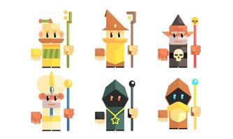 Dwarves with Magical Staves Set, Fairy Tale Design Elements, Fantasy Game Heroes Illustration vector