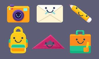 Funny Cute School Stationery Characters Set, Camera, Envelope, Pencil, Backpack, Triangle Ruler Illustration vector