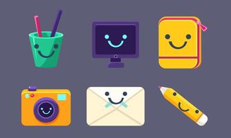 Funny Cute School Stationery Characters Set, Pen and Pencils Container, Computer, Camera, Envelope Illustration vector