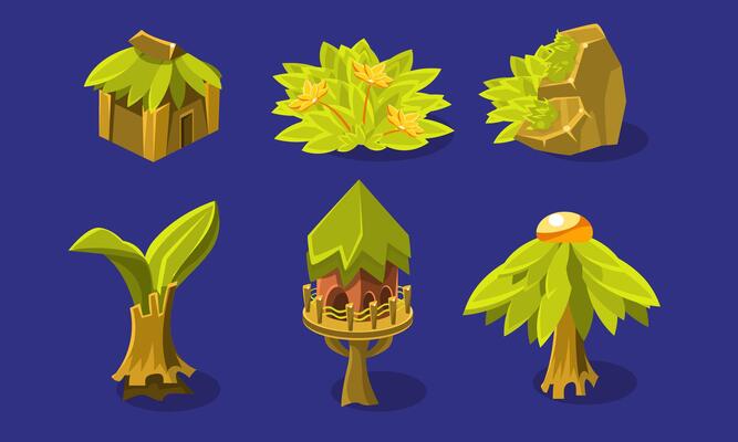 Tropical Jungle Landscape Elements Set, Exotic Plants, Tree House, Hut, User Interface Assets for Mobile App or Game Illustration
