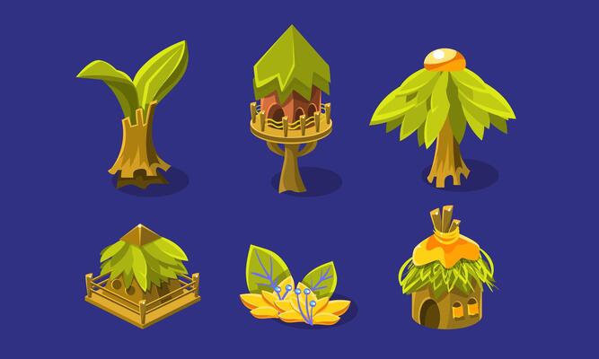 Tropical Jungle Landscape Elements Set, Exotic Plants, Tree House, Wooden Huts, User Interface Assets for Mobile App or Game Illustration