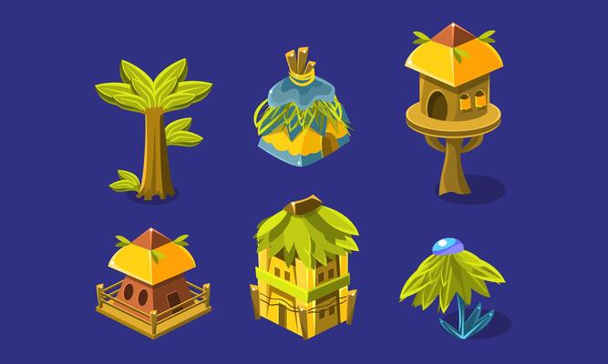 Tropical Jungle Landscape Elements Set, Exotic Plants, Tree House, Wooden Houses, User Interface Assets for Mobile App or Game Illustration