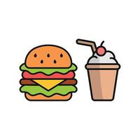 Milkshake and Hamburger Icon showcases a vibrant and playful design, perfect for symbolizing fun dining, indulgent meals, and classic American diner vibes vector