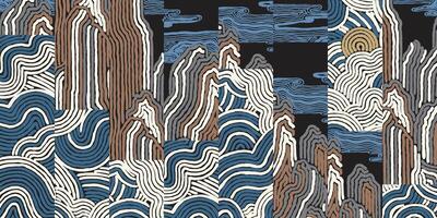 Hand drawn brush line abstract cloud and mountains patchwork pattern, Japanese, Ethnic folk wood carving, engraving, basketry surface texture background, oriental graphic blocks for textile, vector
