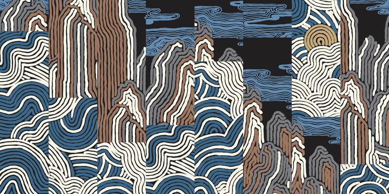 Hand drawn brush line abstract cloud and mountains patchwork pattern, Japanese, Ethnic folk wood carving, engraving, basketry surface texture background, oriental graphic blocks for textile,