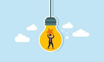 A businessman trapped inside a lamp holding a star, illustration of business ideas and innovations in maintaining and improving business quality vector