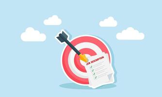 An arrow targets a job description paper until it sticks to a target board, illustration of targeting accurate job description completion vector