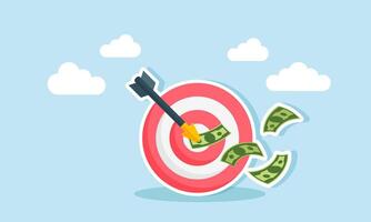 An arrow targets money until it sticks to a target board, illustration of targeting an increased financial condition vector