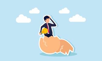 A businessman emerges from an eggshell holding a lit lamp, illustration of recruiting employees who can bring new ideas to business vector