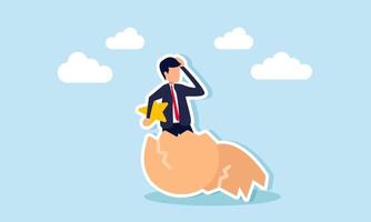 A businessman emerges from an eggshell holding a star, illustration of recruiting employees who can enhance business quality vector