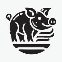A stylized, black and white silhouette of a pig surrounded by leaves. vector