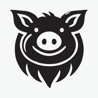 Black and white graphic of a smiling pig's head in a circle. vector