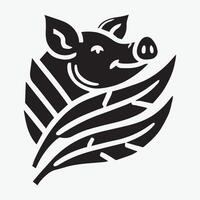 This simple, black and white vctor graphic showcases a friendly pig with a small farm house in the background, on a circle. vector