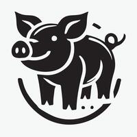 A stylized, black and white graphic of a pig's head, set against a circular background with stylized leaves or foliage. vector