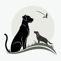 A charming black and white silhouette image depicts a dog, a cat, and a crow perched in a tree. vector