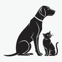 A simple, elegant silhouette graphic of a dog, cat, crow, and butterfly, all silhouetted against a plain background. vector
