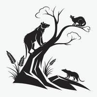 A peaceful and serene silhouette image featuring a dog, a cat, and a bird under a leafy tree. vector