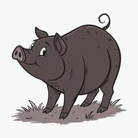A charming illustration of a black pig strolling through a grassy hilltop landscape. vector