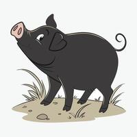 A cartoon illustration of a black pig with a curious expression standing on a grassy hill. vector