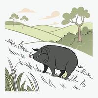 A cheerful cartoon pig, depicted in a simple, stylized manner, stands on a patch of light beige sand. vector