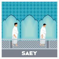 Pilgrims Performing Sa'ey Ritual with Vibrant Islamic Architecture Backdrop. vector