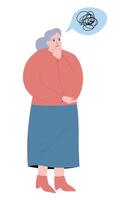 An elderly woman thinks, remembers. The old lady has memory problems. flat graphics. vector