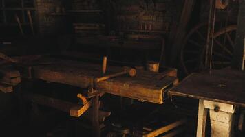 Old wooden workshop with tools and rustic furniture in a quiet setting video