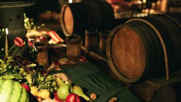 A rustic feast with assorted food and drinks on a wooden table setting video