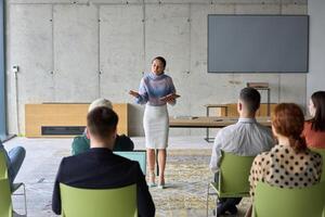 A businesswoman leader guiding a meeting with her colleagues, discussing business challenges, marketing strategies, and new plans for growth and success photo