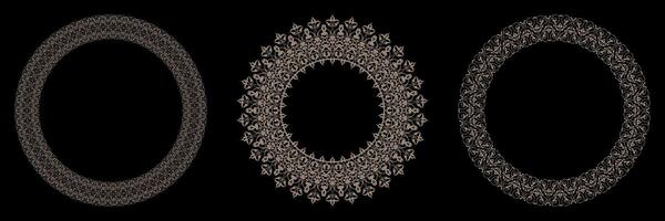 Set of gold round lace frames. Elegant gold round frames on black background. Circle gold frame. For invitations and greeting cards, embroidery, porcelain. Gold round frame with arabesques vector