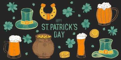 Set of retro hand drawn elements for Happy St Patrick's day vector