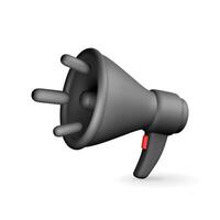 3D black megaphone isolated on white background. Render plastic megaphone realistic. Modern bullhorn or loudspeaker. vector