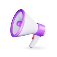 3D megaphone isolated on white background. Render plastic megaphone realistic. Modern bullhorn or loudspeaker. Announcement message vector